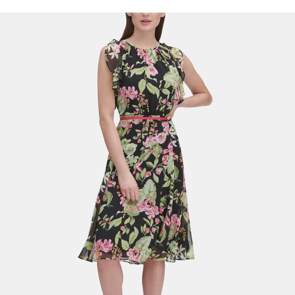 TOMMY HILFIGER Womens Green Belted Floral Cap Slee